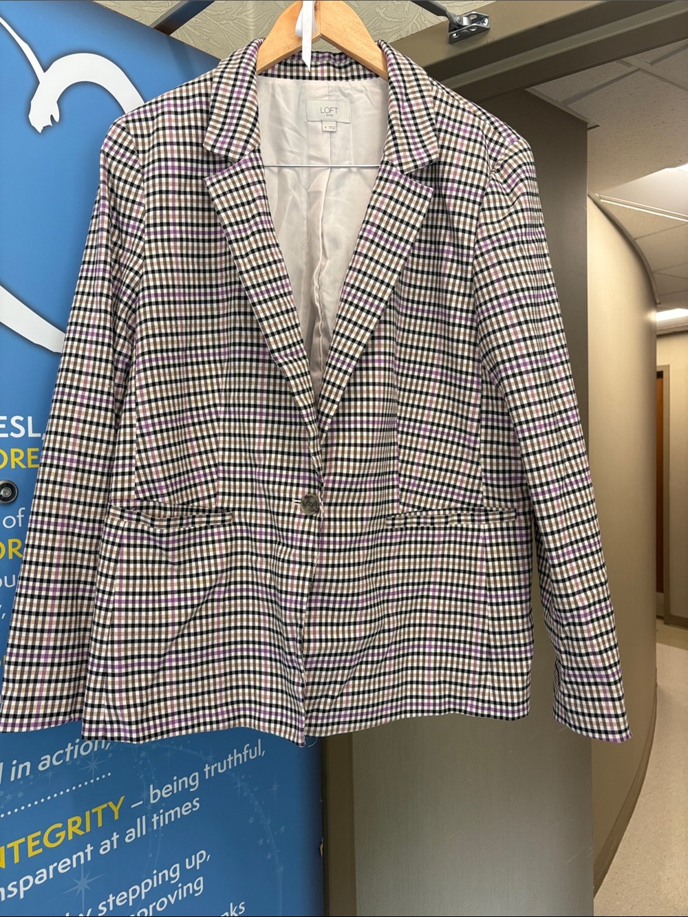 LOFT Women's Plaid Blazer in Cream, Black and Purple